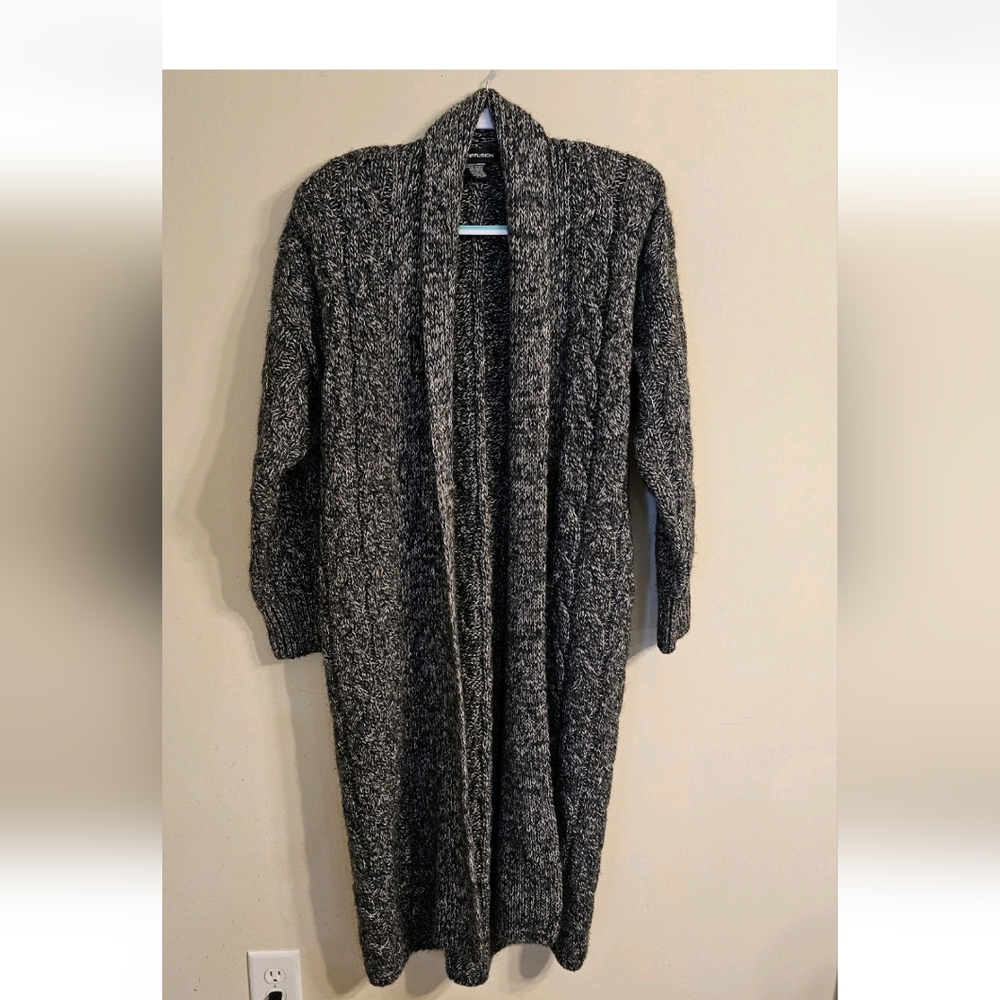 Vintage I.B. Diffusion Cable Knit Open Duster Cardigan Black/Gray/White‎ Size M
